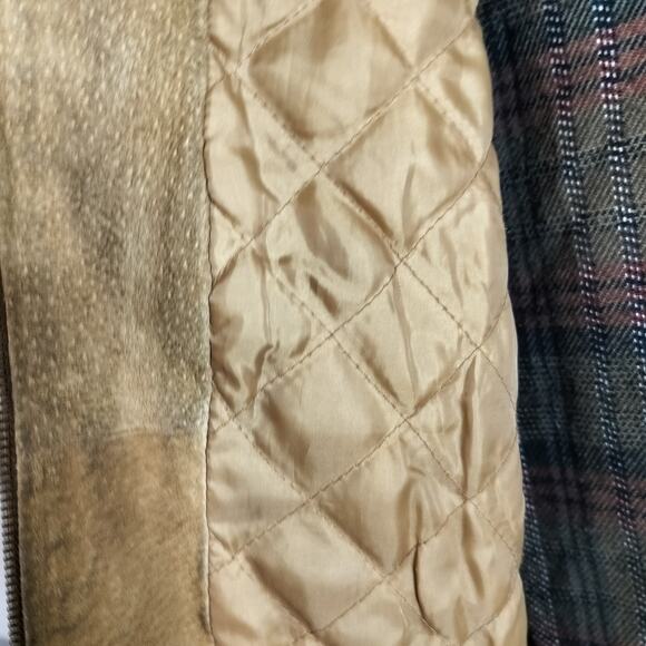 M788) Vintage Duncan Row Large Tan Leather Bomber Plaid Lined Jacket - Picture 8 of 13